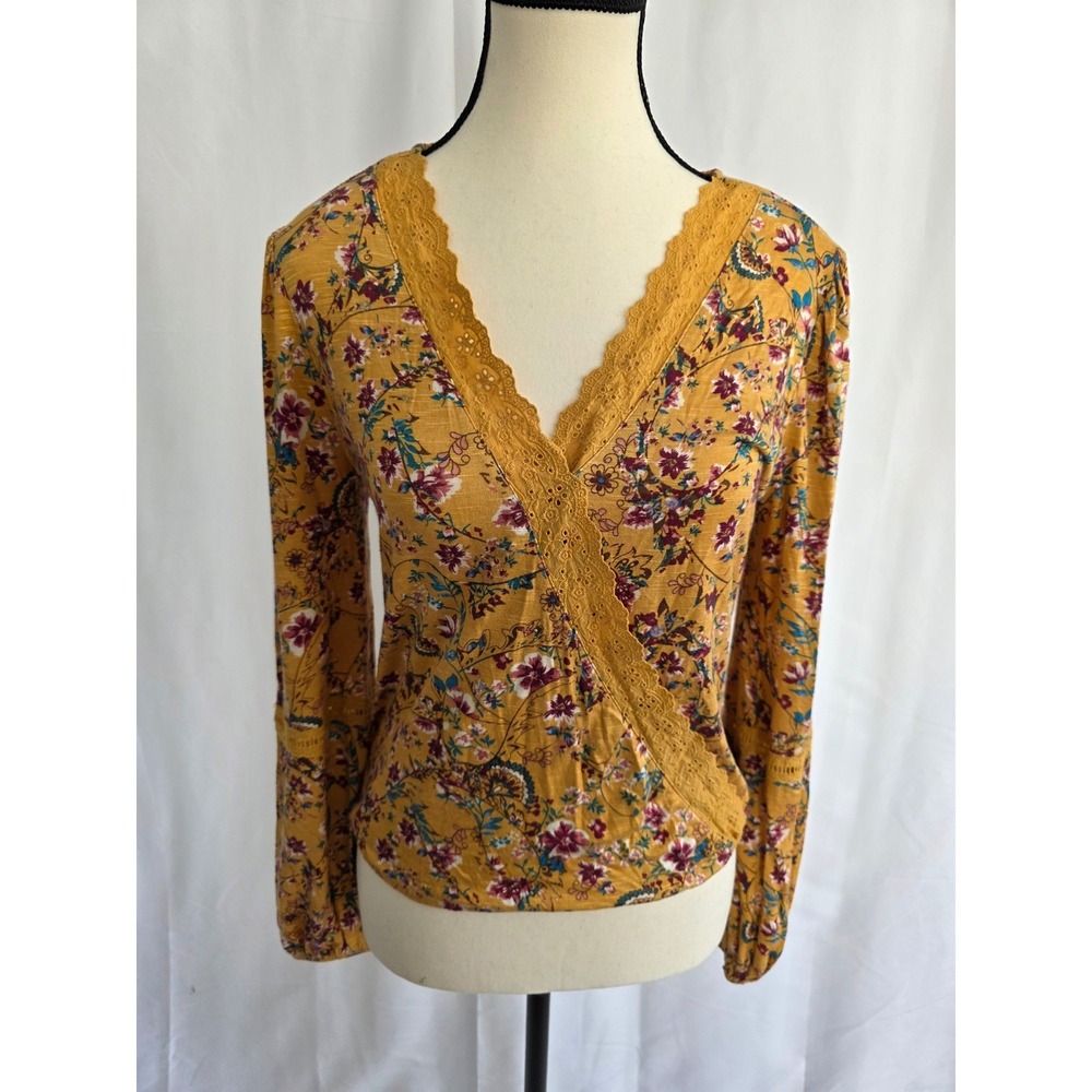 Belle Du Jour‎ Womens Yellow Floral Lace Trim Long Sleeve Wrap Blouse Top Size S